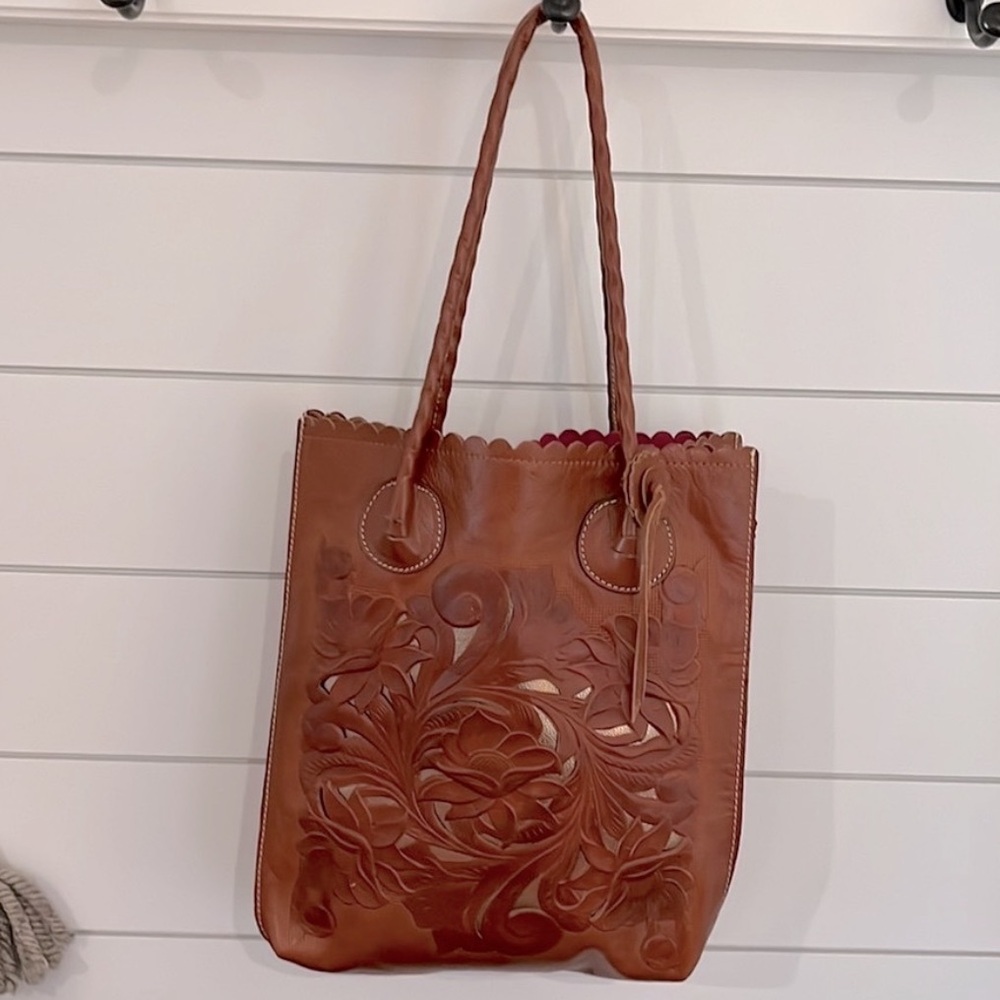Patricia Nash Brown and Gold Floral Embossed Leather Tote